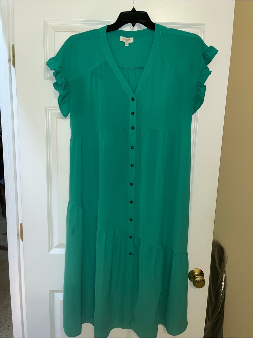 Umgee vibrant green Button-Front Midi Dress with Ruffle Sleeves.